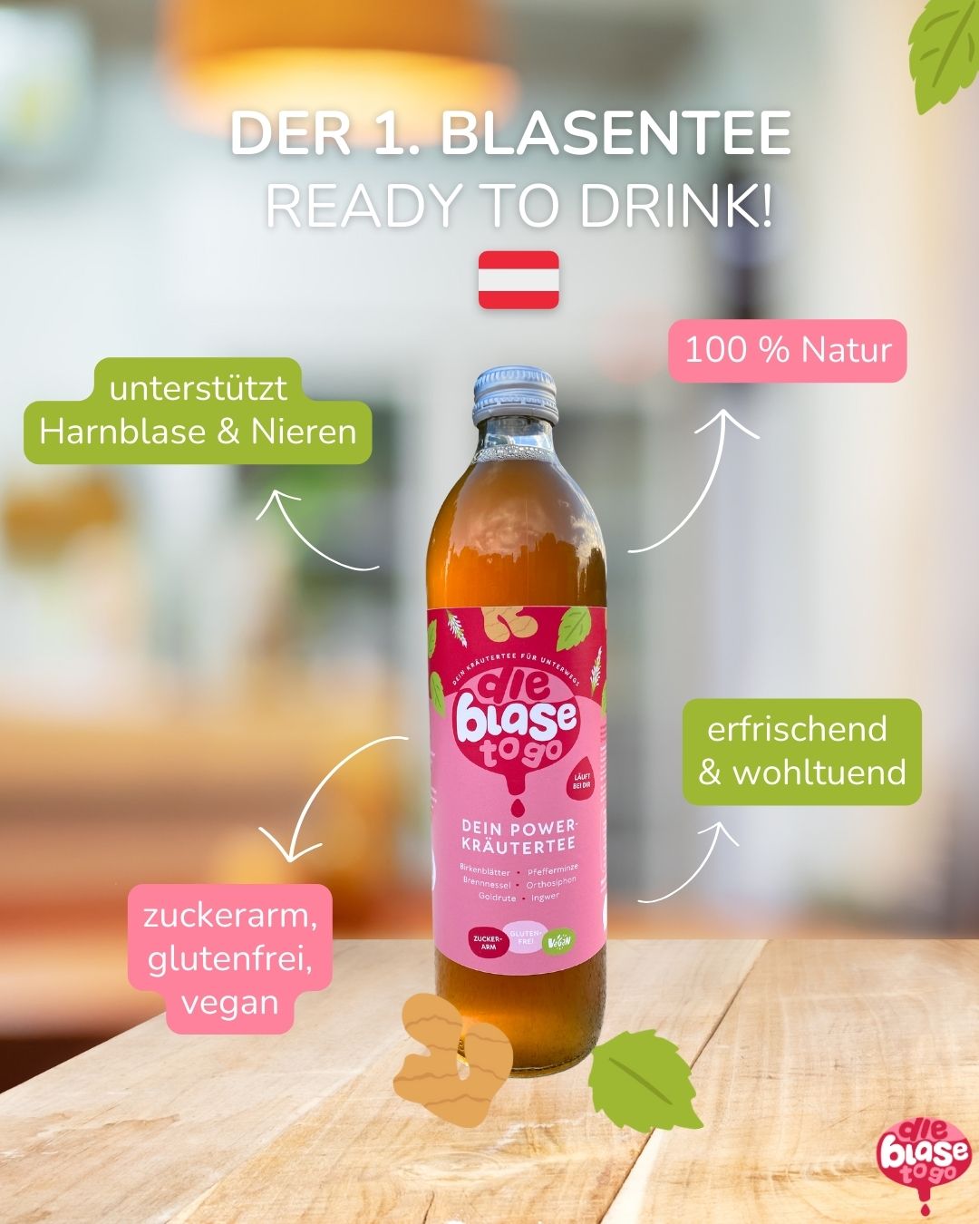 Die Blase to go Plakat rosarote flasche mit logo branding ready to drink