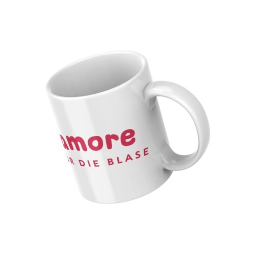 weiße tasse mit roten logo